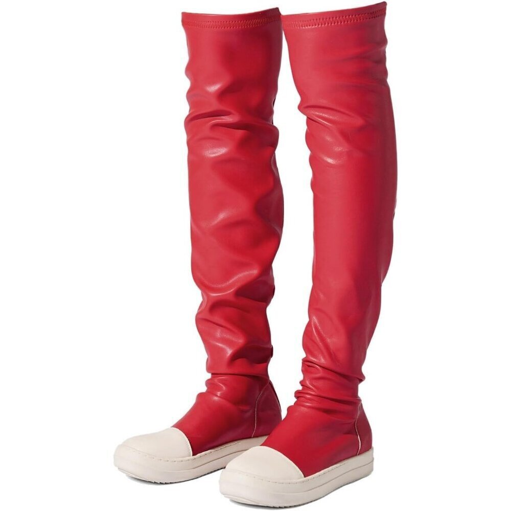 Women Red Polyurethane (PU) Flat Over The Knee Round Toe Thigh High Boots